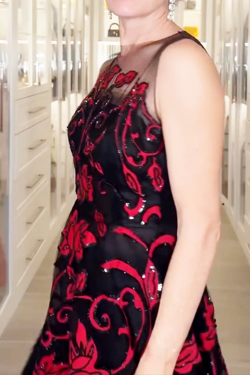 Black & Red Floral Embroidered Gown