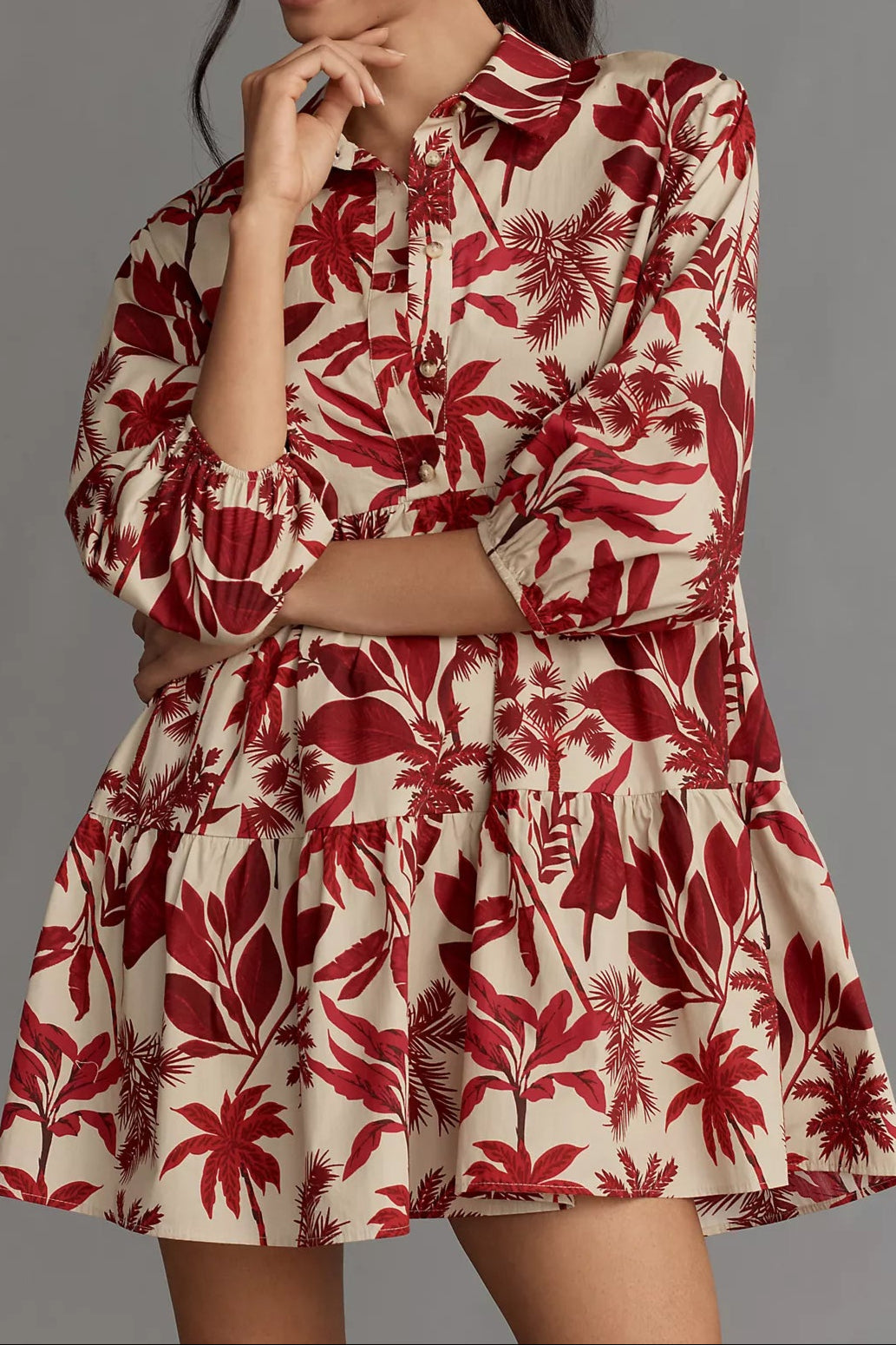 Red Leaf Shirt Short Dress