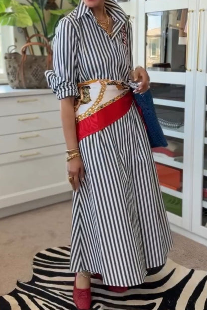 Navy Blue Striped Collar Shirt Dress