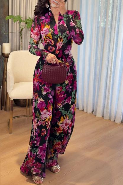Black Background Multicolor Floral Print Jumpsuit