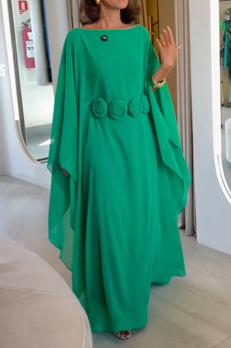 Grass Green Three-dimensional Flower Design Elegant Chiffon Dress