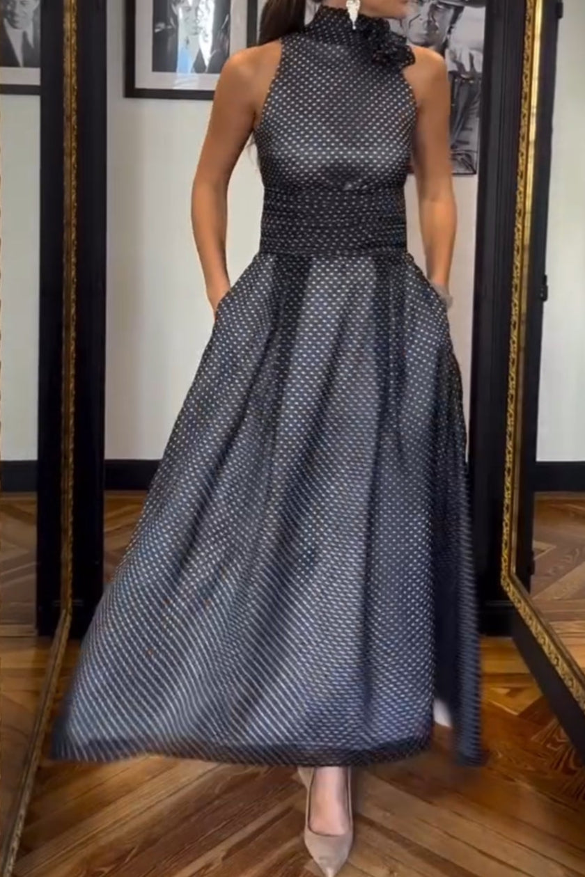 Sleeveless Black-background White-dot Maxi Dress