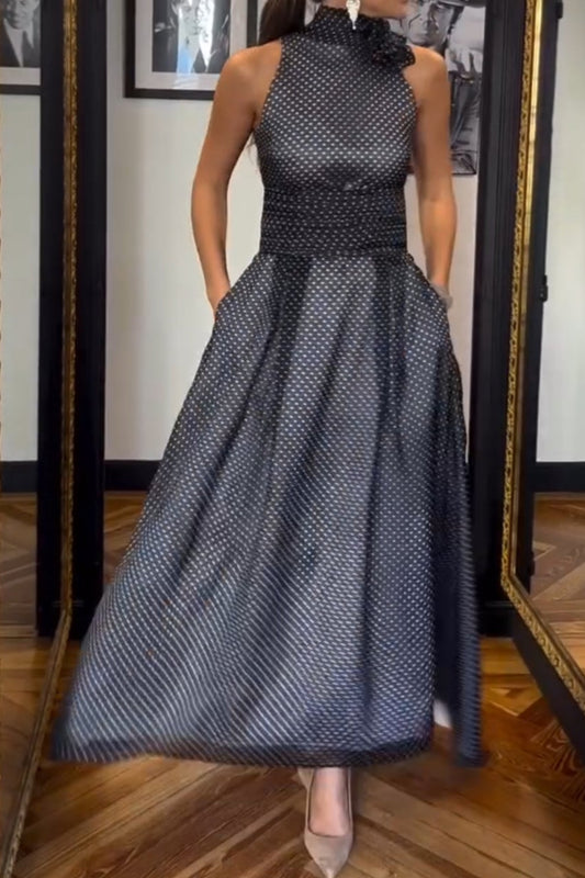 Sleeveless Black-background White-dot Maxi Dress
