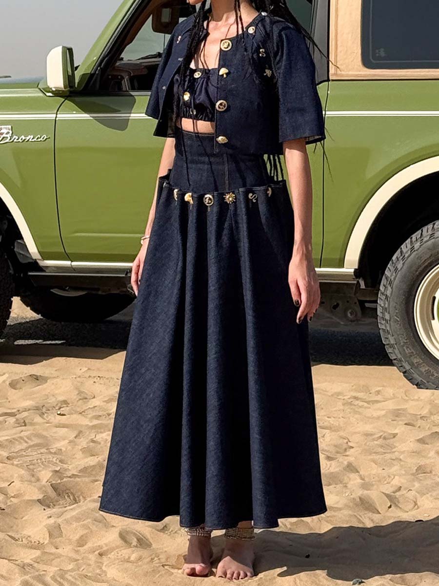 Elegant Metal Button Denim Two Pieces Dress