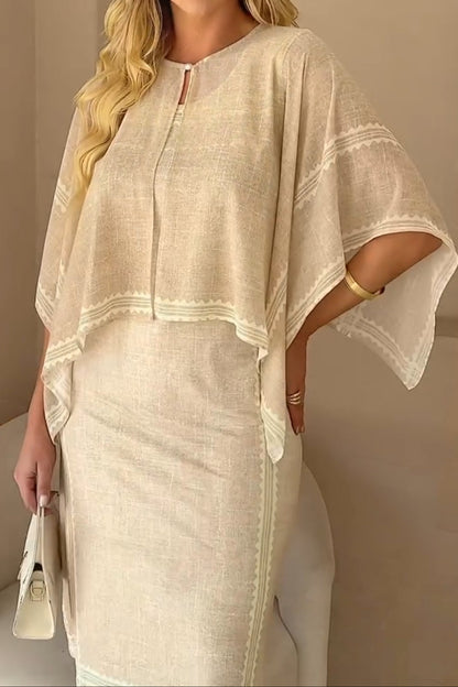 Beige Laminated Shawl Cardigan Dress Two-Piece Set