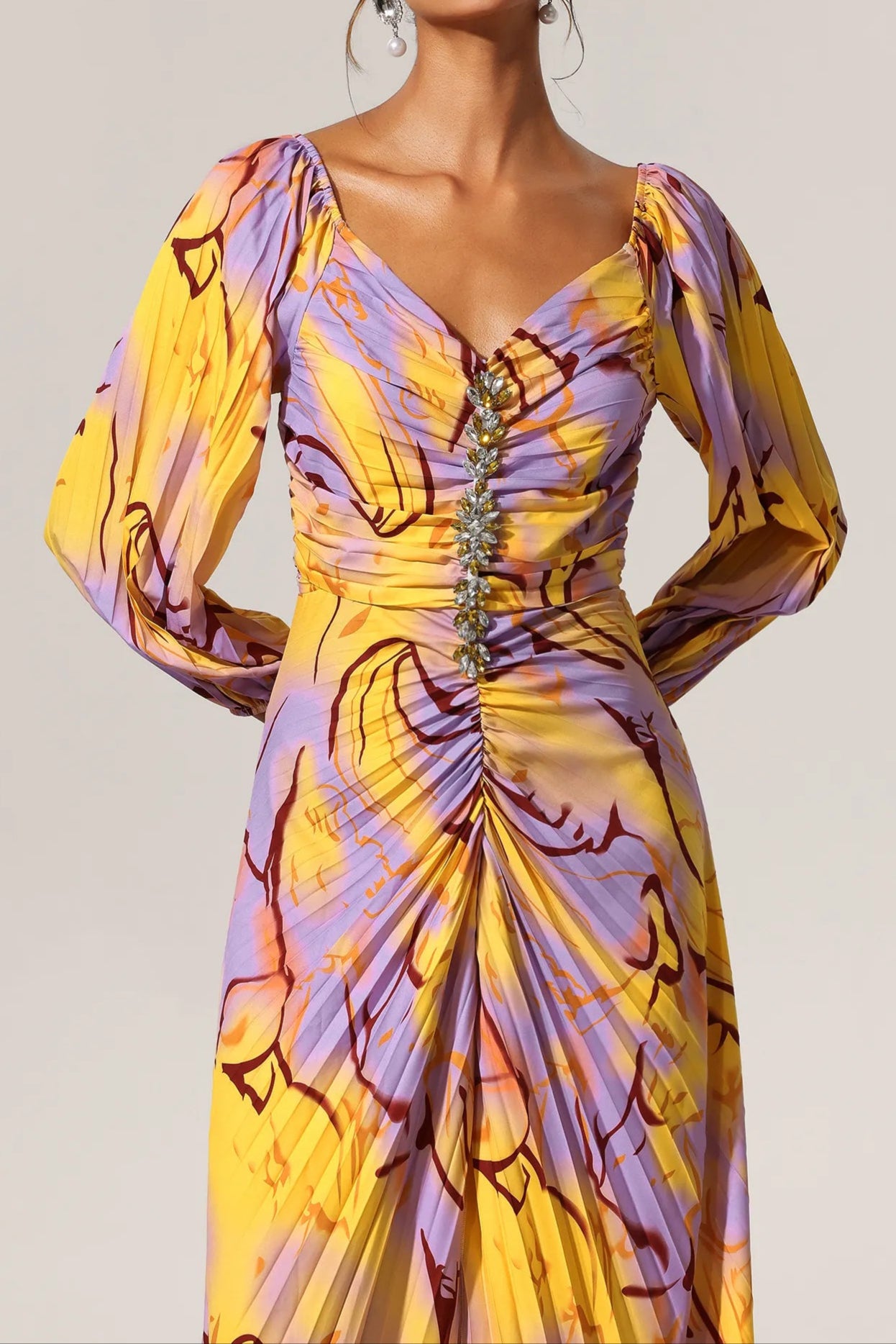Diamond, Pleated Print, Long Sleeve Dress
