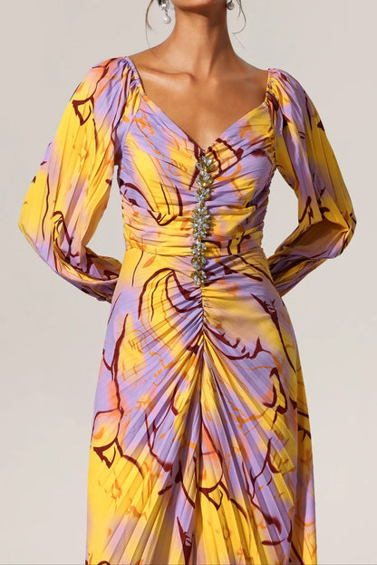 Diamond, Pleated Print, Long Sleeve Dress