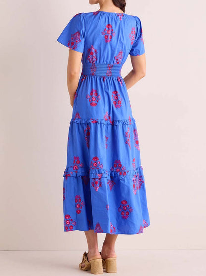 Floral Print Boat Neck Ruffled Dress