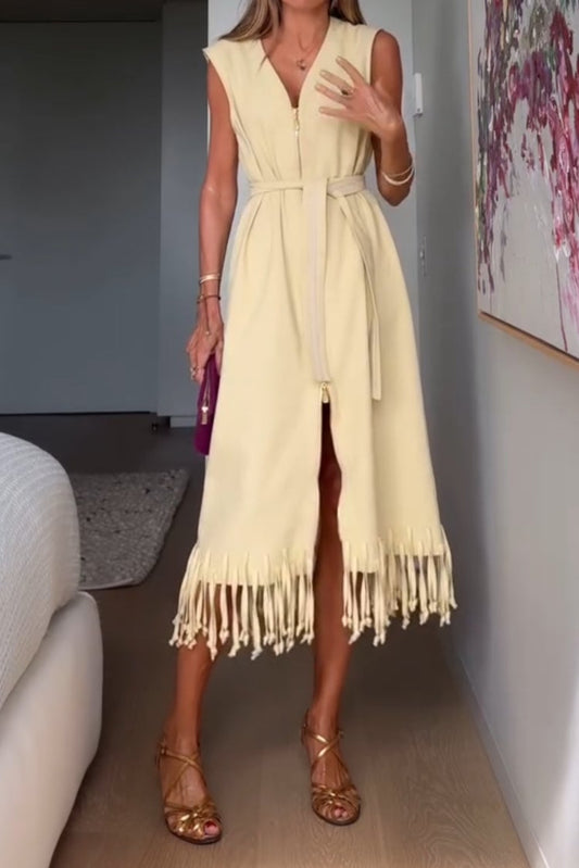 Sleeveless Deep V Fringed Slip Skirt