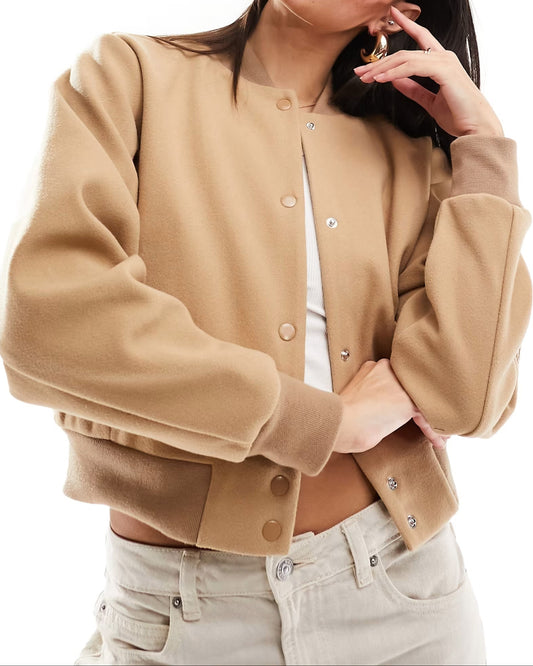 Camel Short Wool Bomber Jacket