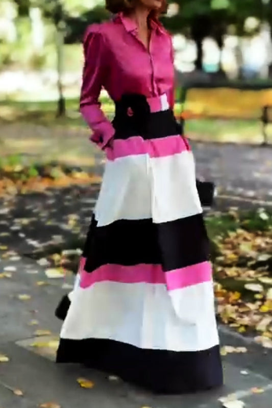 Fuchsia Shirt And Striped Skirt Suit