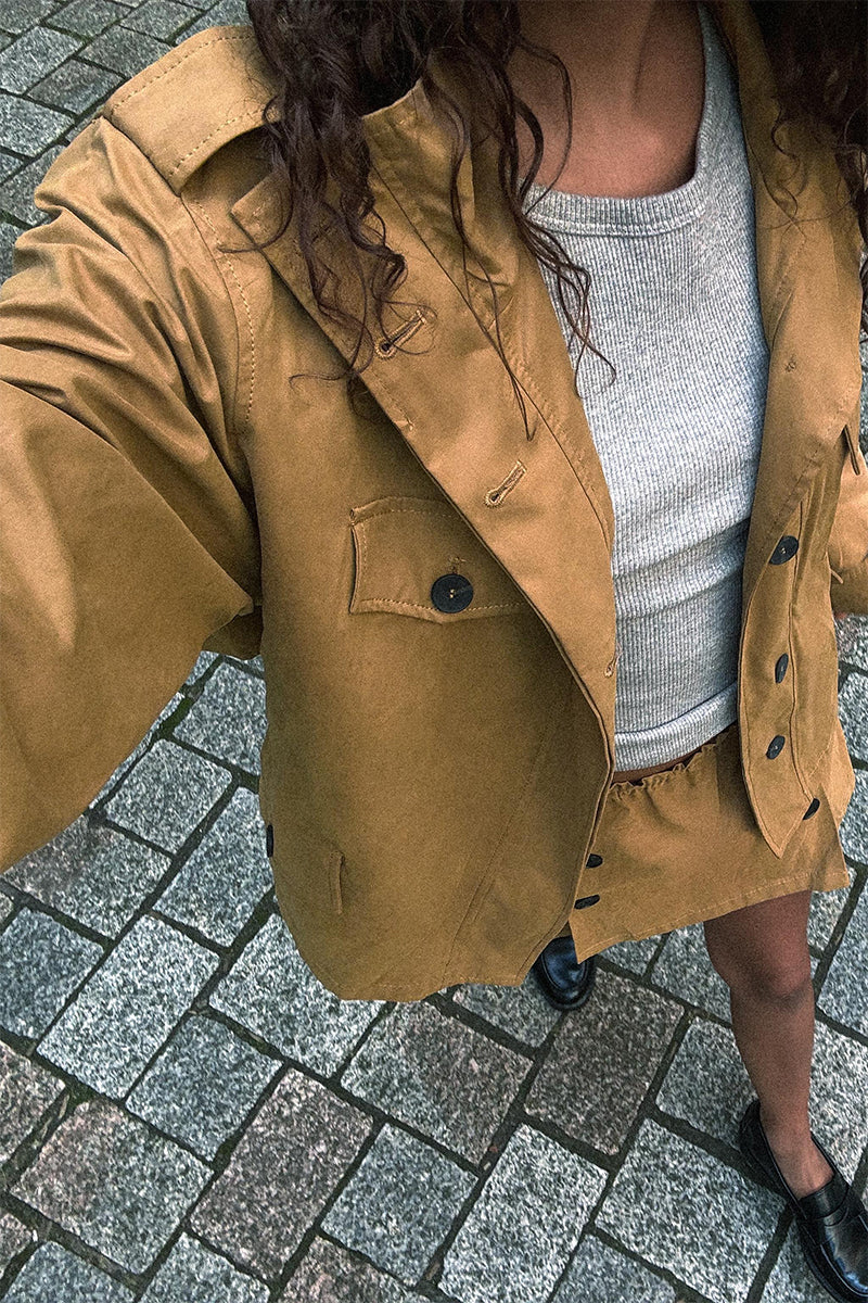 Short Trench Coat Jacket With Button-down Culottes Suit