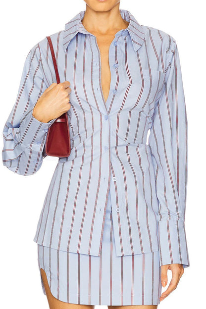 Fashion Red Vertical Pattern Long Sleeve Shirt Short Skirt Suit