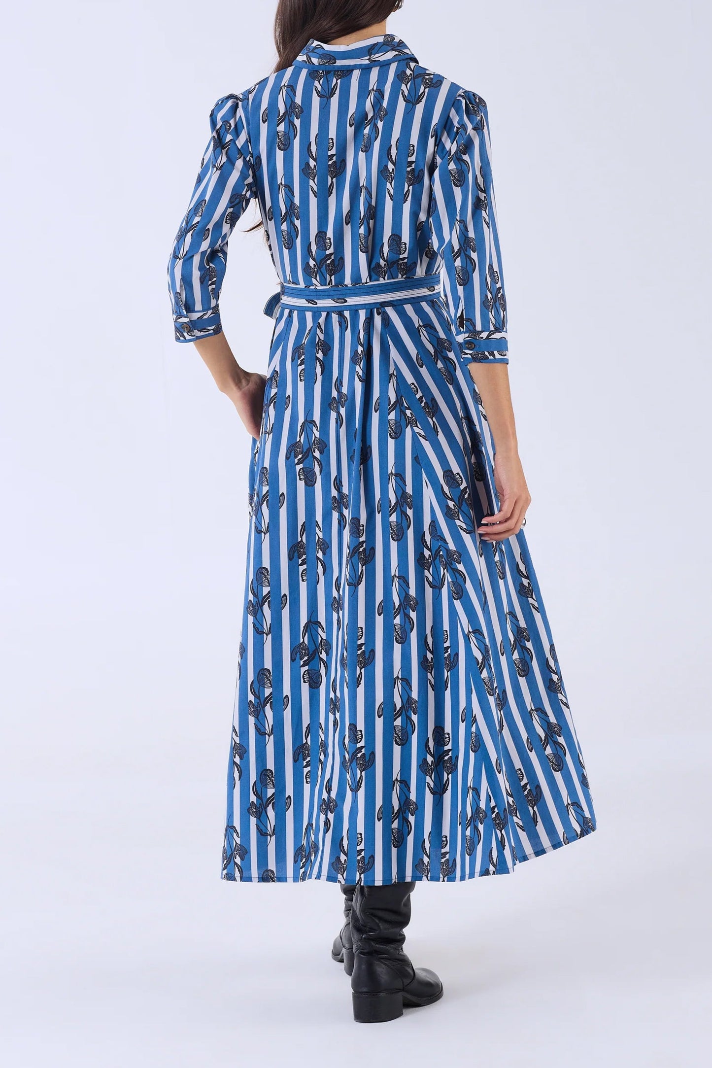 Blue And White Striped Black Printed Shirt Long Dress