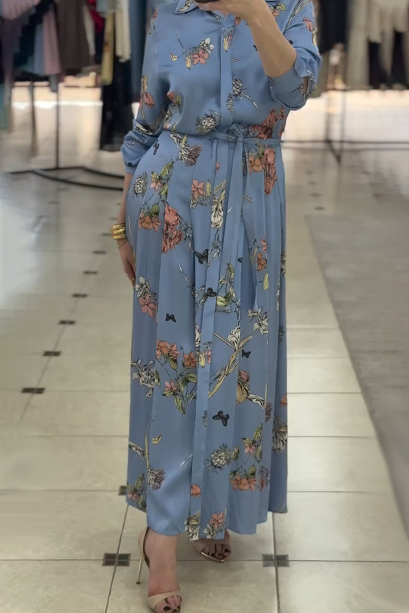 Blue Printed Long-Sleeve Shirtdress