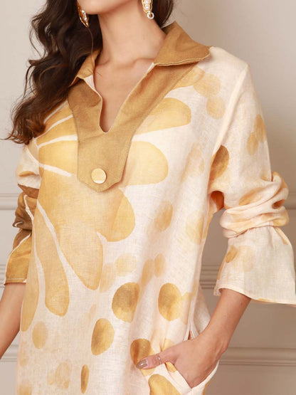 Printed Split Neck Slit Hem Loose Dress