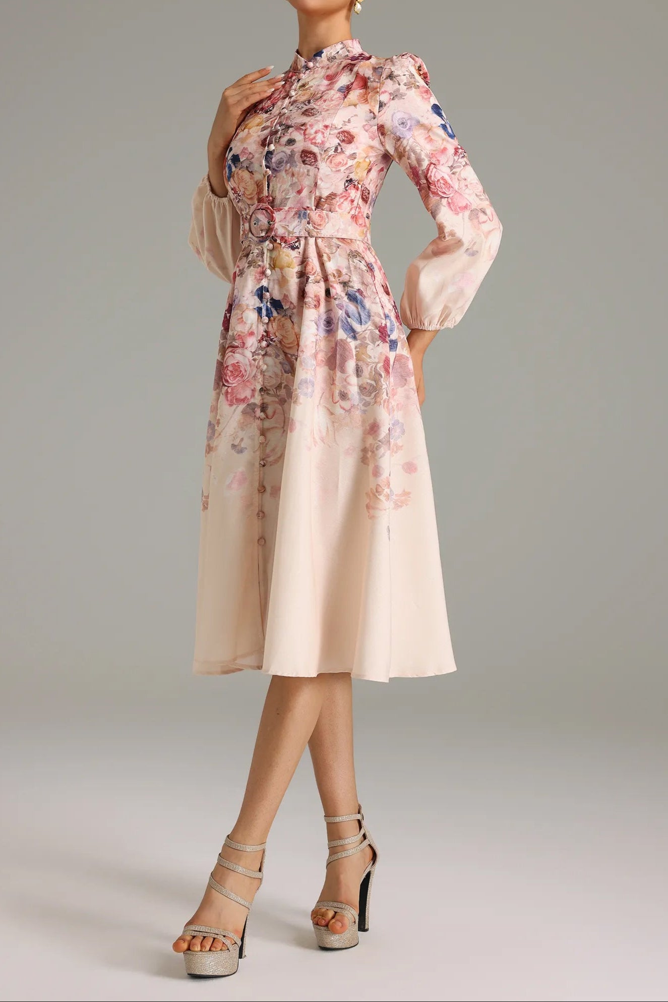 Stand Collar Single Breasted Printed Dress