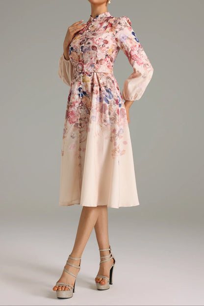 Stand Collar Single Breasted Printed Dress