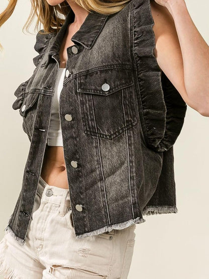 Washed Denim Single-breasted Ruffled Vest