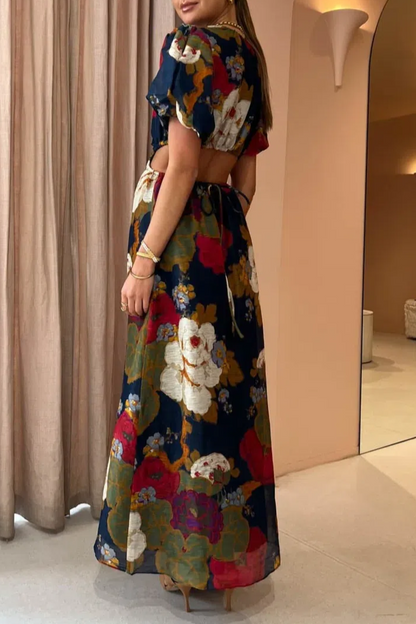 Fashion Printed Backless Short Sleeve Long Skirt Flared Sleeve A- Line Skirt
