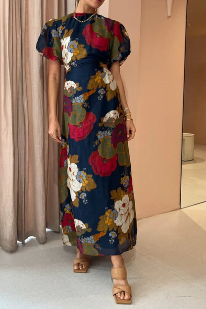 Fashion Printed Backless Short Sleeve Long Skirt Flared Sleeve A- Line Skirt