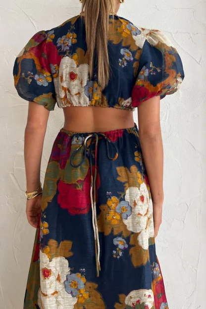 Fashion Printed Backless Short Sleeve Long Skirt Flared Sleeve A- Line Skirt