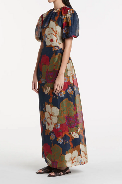 Fashion Printed Backless Short Sleeve Long Skirt Flared Sleeve A- Line Skirt