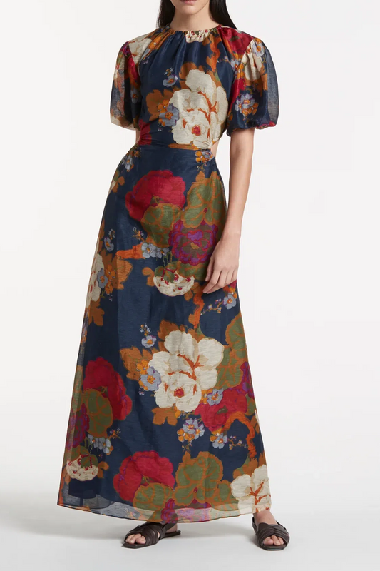 Fashion Printed Backless Short Sleeve Long Skirt Flared Sleeve A- Line Skirt