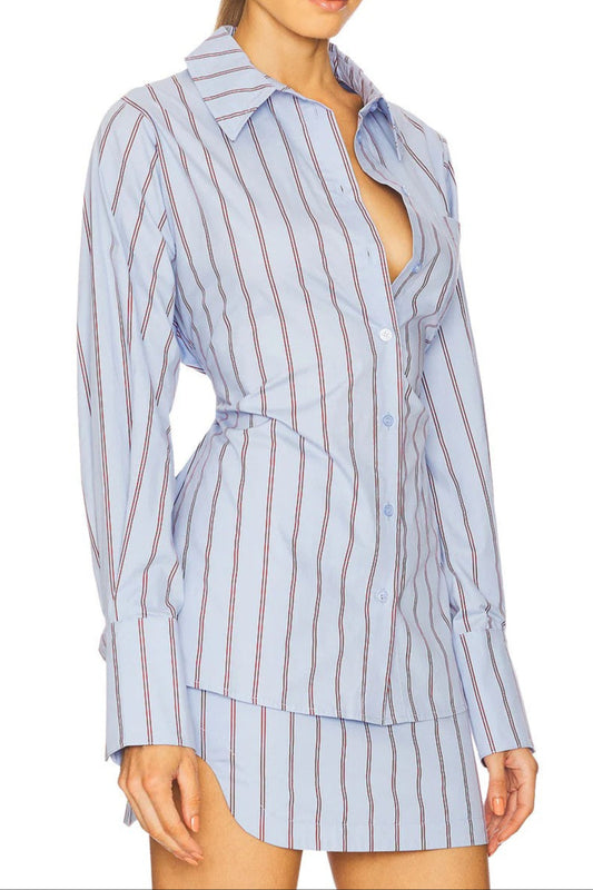 Fashion Red Vertical Pattern Long Sleeve Shirt Short Skirt Suit