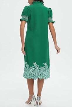 Bubble Sleeve Green Embroidered Dress