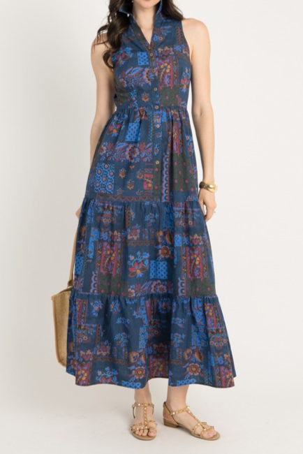Ethnic Print Tiered Collared Maxi Dress