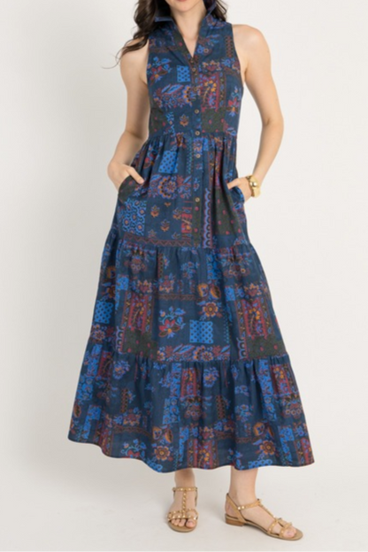 Ethnic Print Tiered Collared Maxi Dress