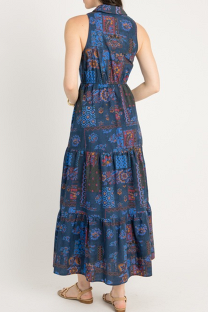 Ethnic Print Tiered Collared Maxi Dress