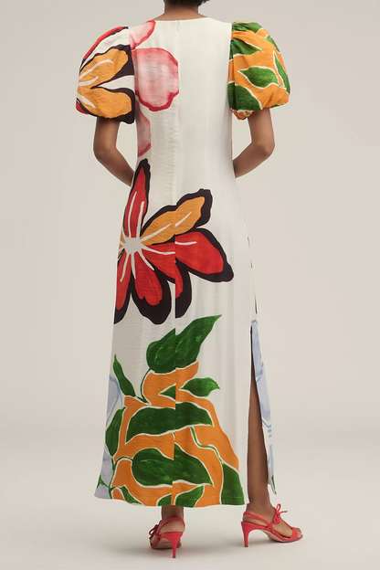 Puff-Sleeve A-Line Maxi Dress