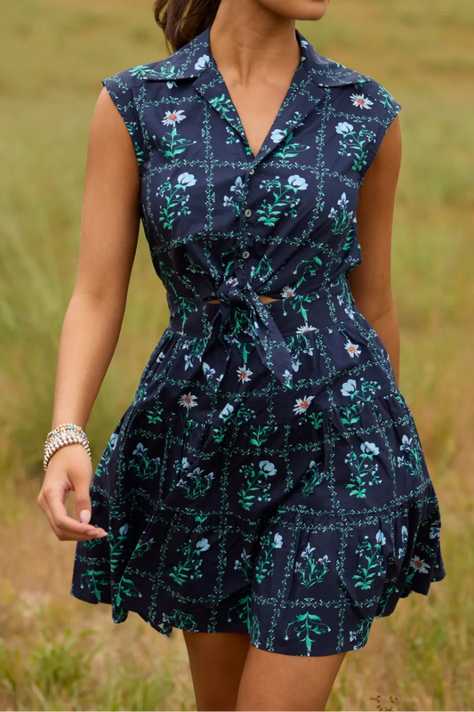Navy Blue Floral Short Dress
