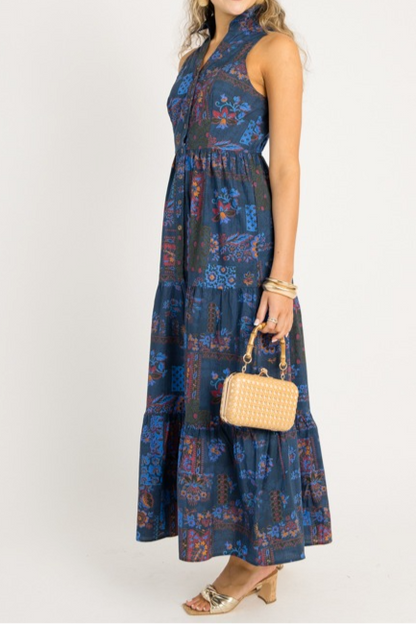 Ethnic Print Tiered Collared Maxi Dress