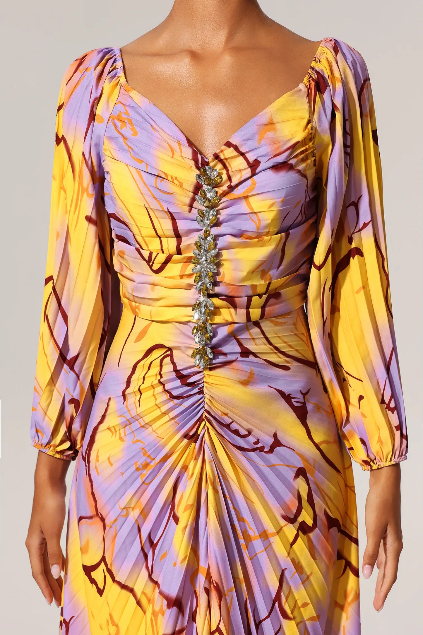 Diamond, Pleated Print, Long Sleeve Dress