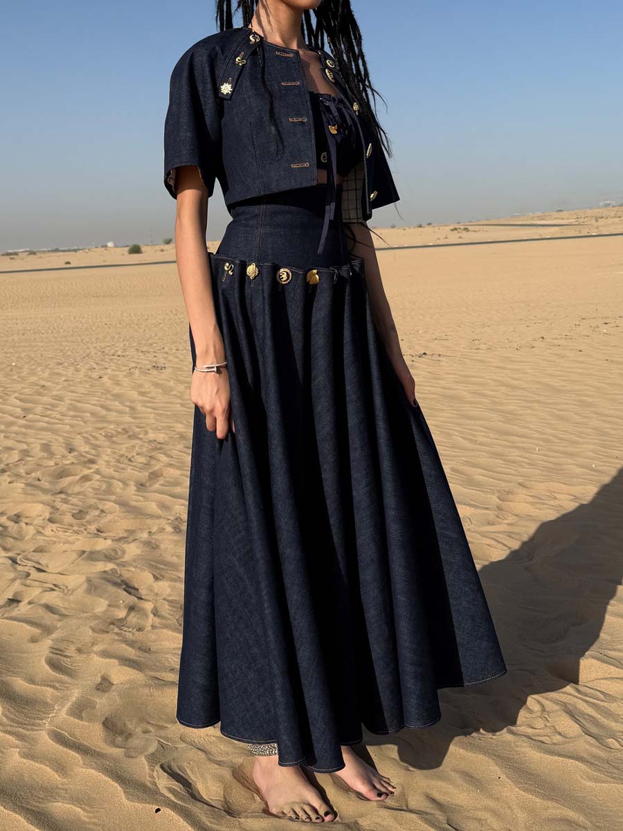 Elegant Metal Button Denim Two Pieces Dress