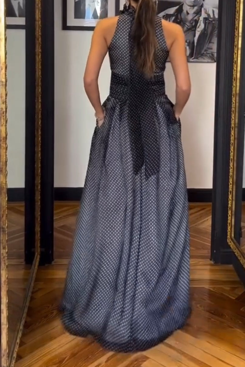 Sleeveless Black-background White-dot Maxi Dress