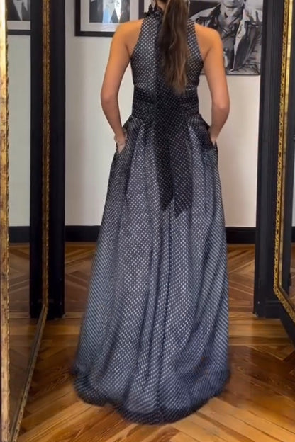 Sleeveless Black-background White-dot Maxi Dress