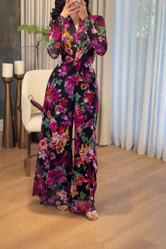 Black Background Multicolor Floral Print Jumpsuit