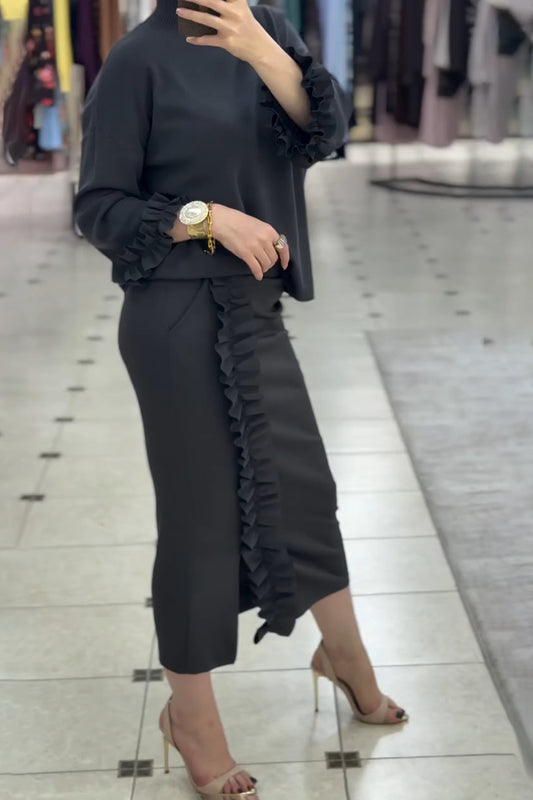 Black Lace Pleated Skirt Suit