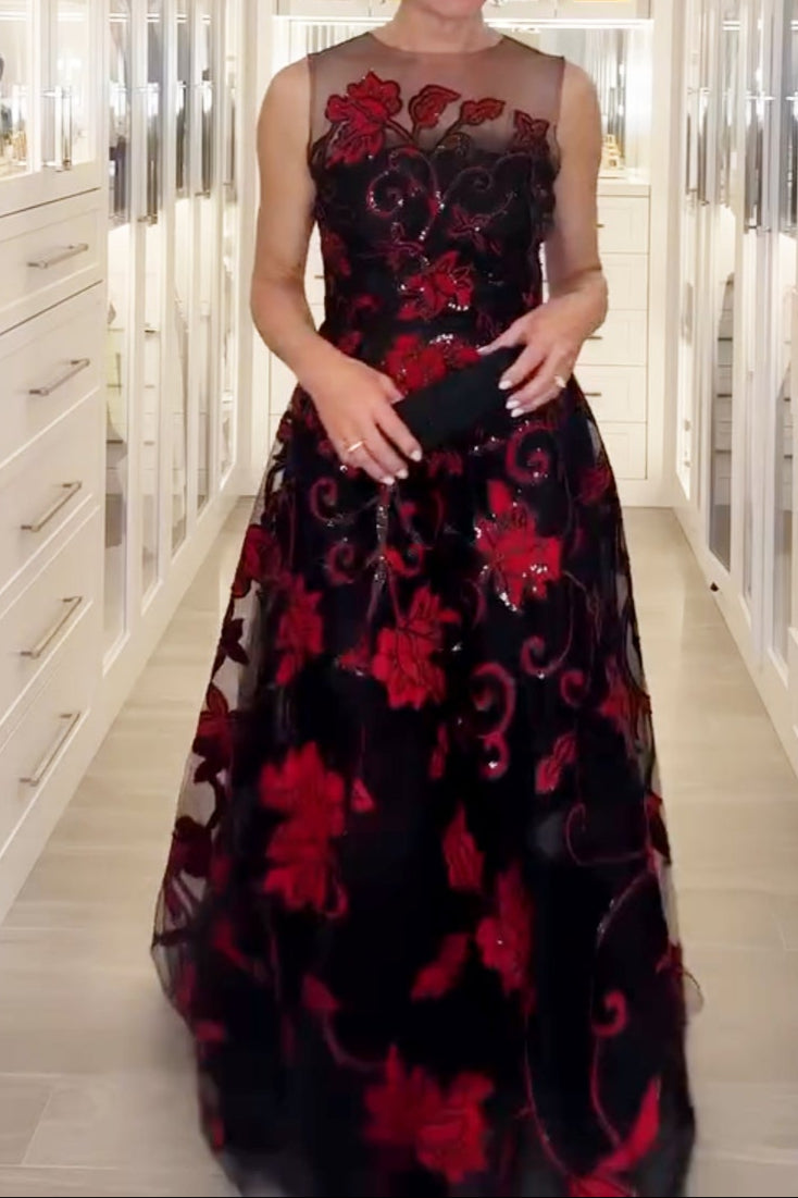 Black & Red Floral Embroidered Gown