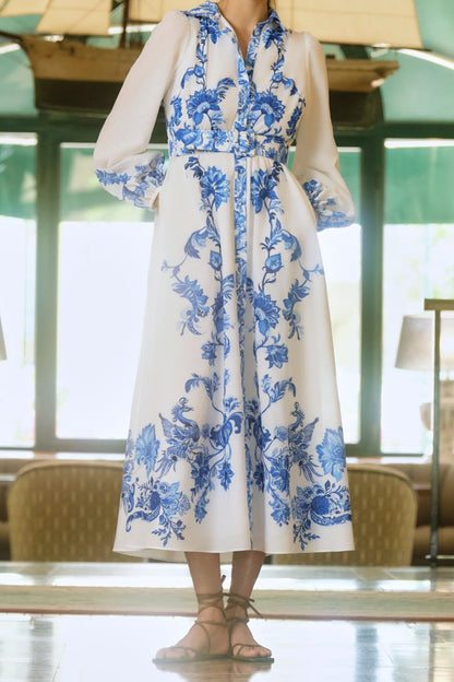 Cyan And Blue Print Shirt Dress