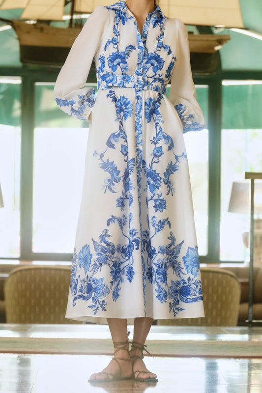 Cyan And Blue Print Shirt Dress