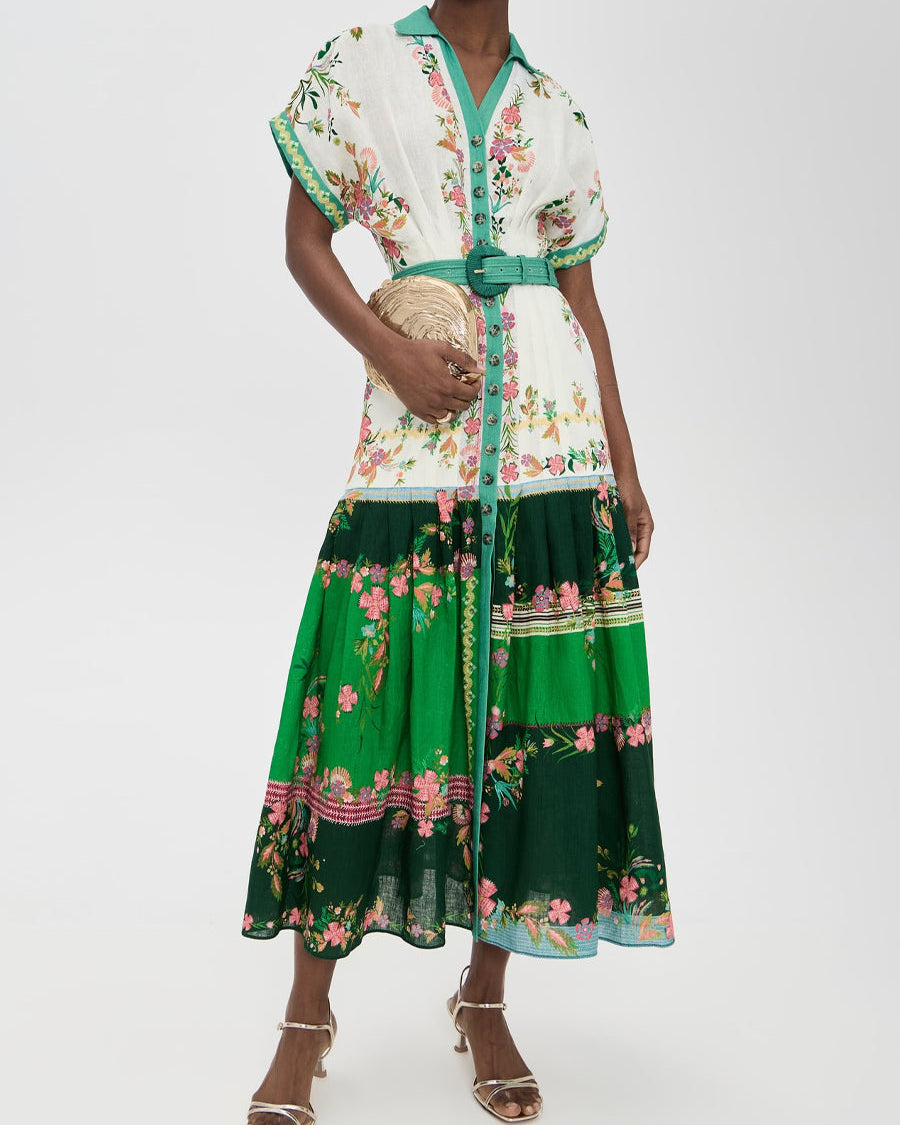 Floral Print Pintucked Waist Maxi Dress