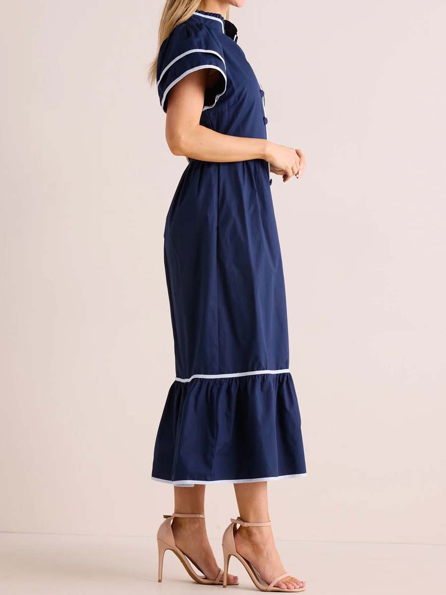 Band Collar Flounced Hem Maxi Dress