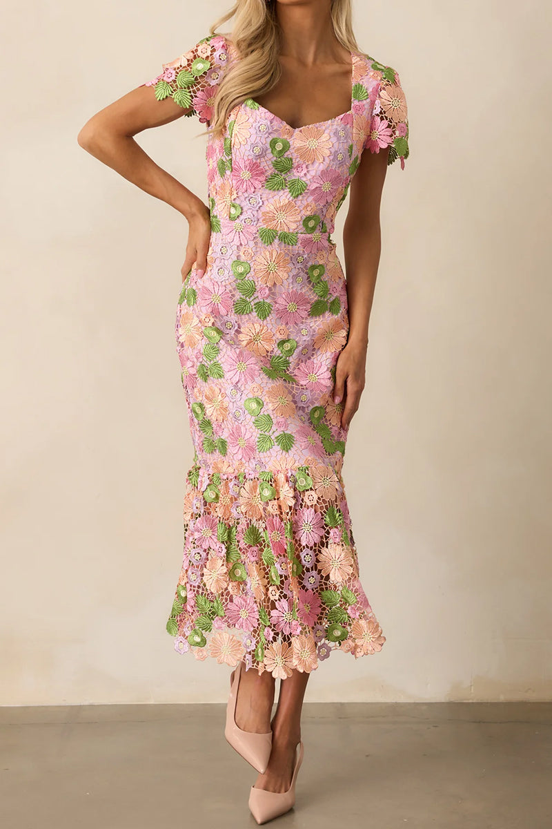 Embroidered Floral Hollow Long Dress