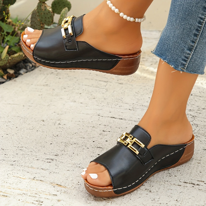 Fashion Peep Toe Leather Slippers