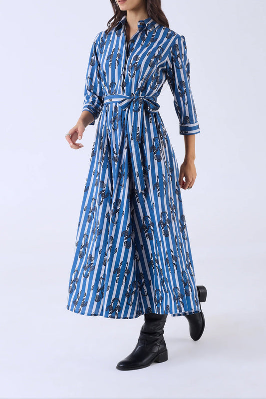 Blue And White Striped Black Printed Shirt Long Dress